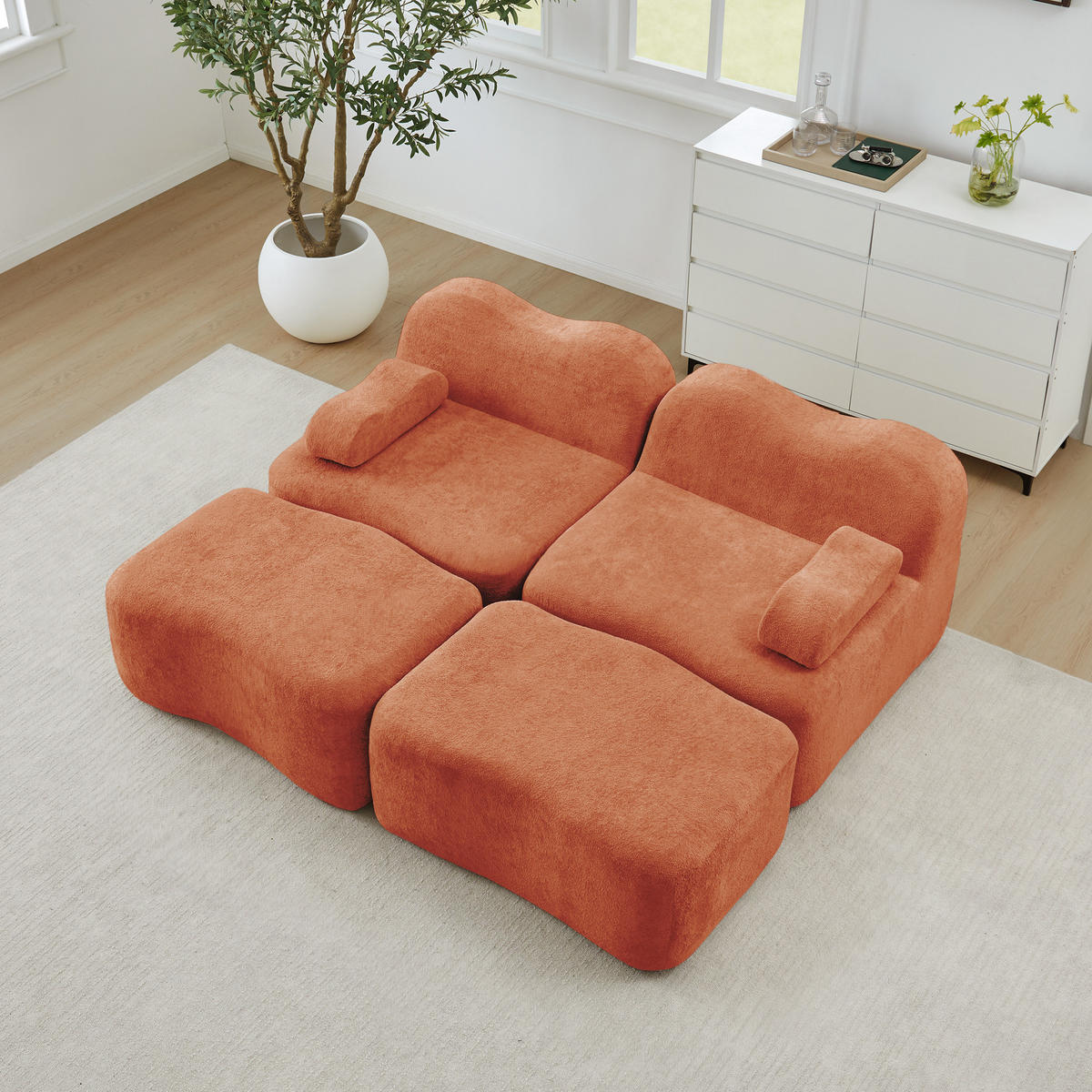 2-SITZER SOFA Samt Orange mit 2 Hockern - Orange, Textil (192/70/167cm) - WISHDOR
