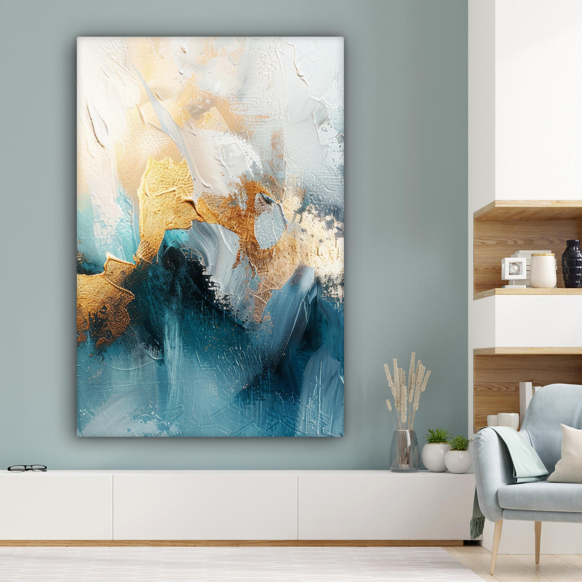 LEINWANDBILD Abstrakt - Kunst - Gold - Blau Deko Groß 90x140 cm - Petrol, Textil (90/140cm) - MuchoWow