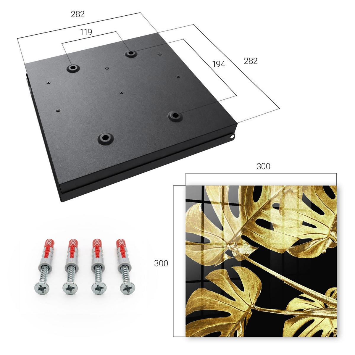 SCHLÜSSELBOX Schwarz 30x30 cm- Türöffnung nach rechts - Monstera-Blätter - Gelb, Metall (30/30/5cm) - TULUP