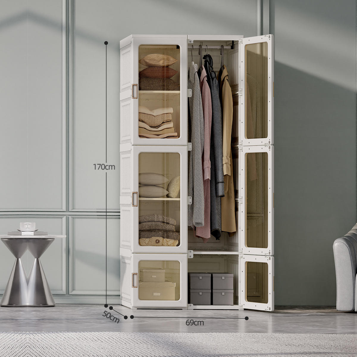 KLEIDERSCHRANK, mit 6 transparent Tür, magnetverschluss, 1 Kleiderstange und 10 Anzahl Fächer - Weiß, Metall (50/170/69cm)