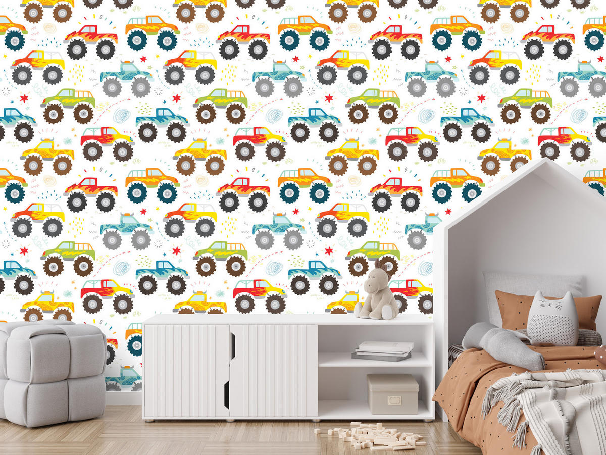 VLIESTAPETE Monstertrucks – Bunt, Weiß – 50x1000 cm - Multicolor/Weiß, Papier (50/1000cm) - Muralo