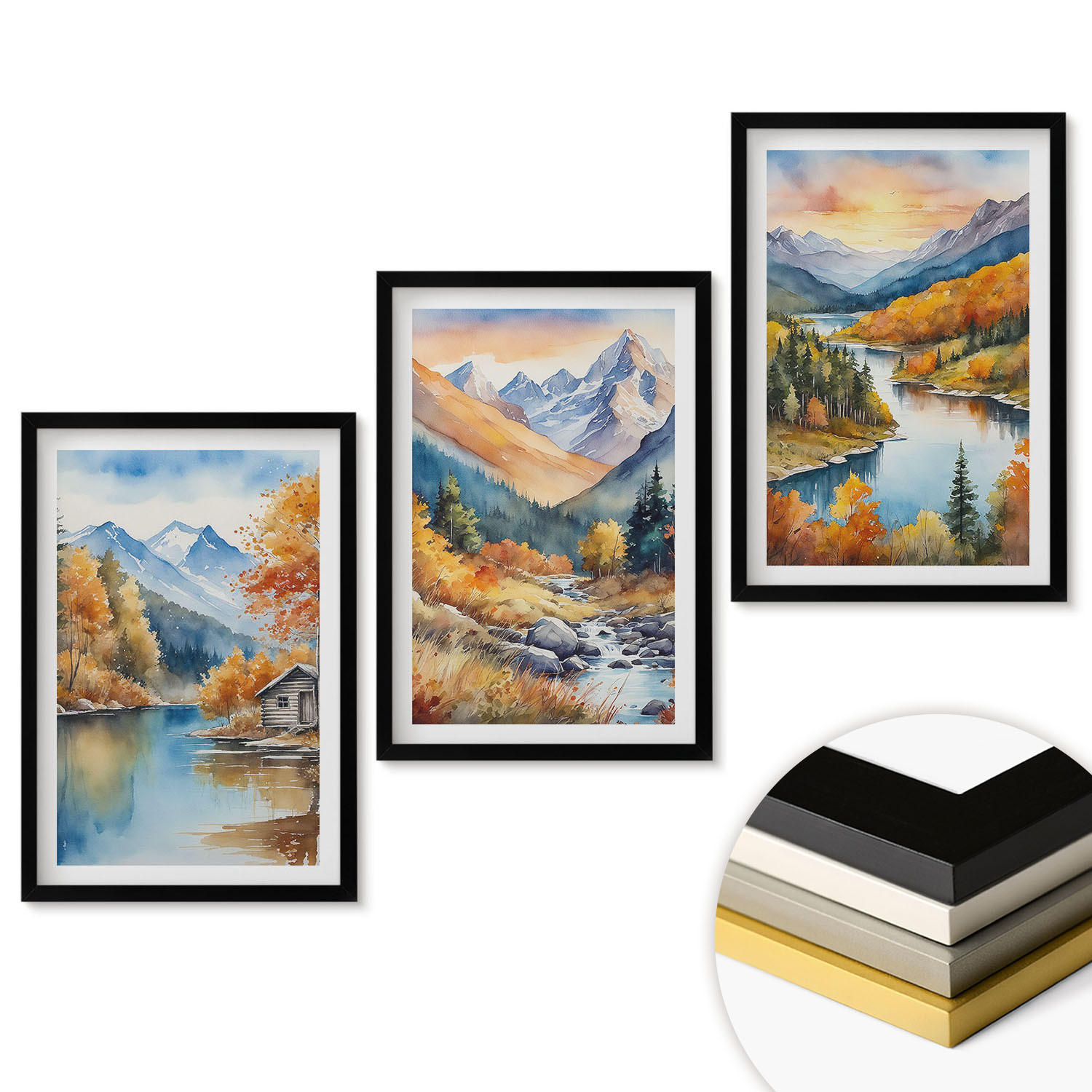 WANDBILDER 3er-Set - 40x60 cm Schwarzer Rahmen - Berglandschaft, Fluss, Herbst - Schwarz, Kunststoff (40/60cm) - ArtPrintCave