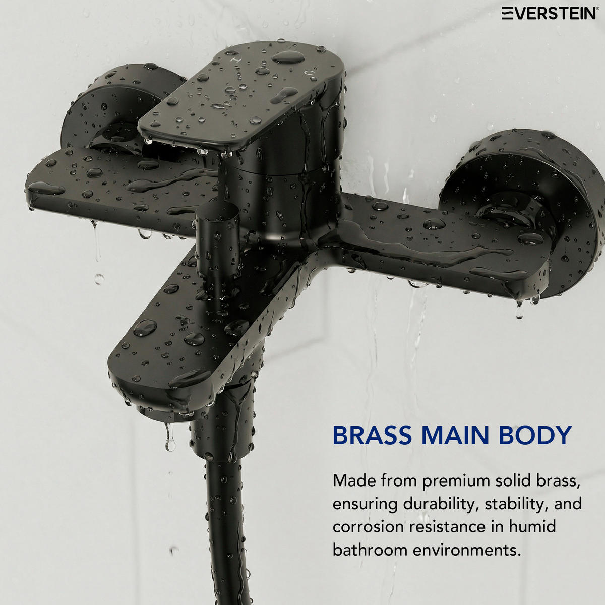 BADEWANNENARMATUR SFS-1278 Schwarz Matt, Aufputz-Einhebel aus Messing, Wanneneinlauf, 120-mm-3-Strahl-Handbrause, 150-mm-Stichmaß - Schwarz, Metall (21/24/6cm) - Everstein