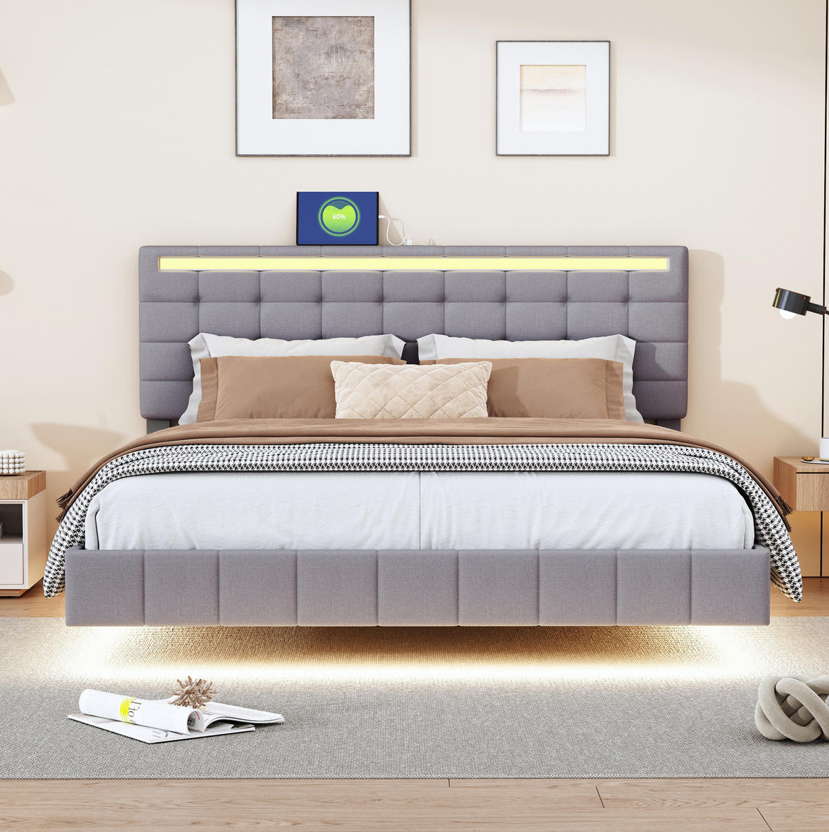POLSTERBETT aus Leinenstoff 160x200 cm Grau mit LED-Beleuchtung, schwebender Optik und gepolstertem Kopfteil - Grau, Textil (160/200cm) - Modfu