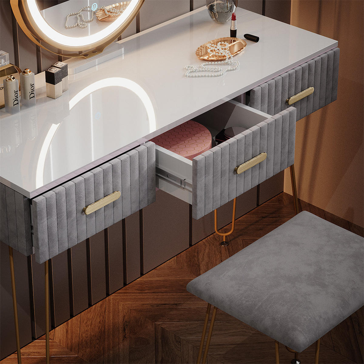 SCHMINKTISCH Layla Grau 100 cm mit LED Beleuchtung und Hocker - Grau, Holzwerkstoff (100/79/40cm) - Vicco