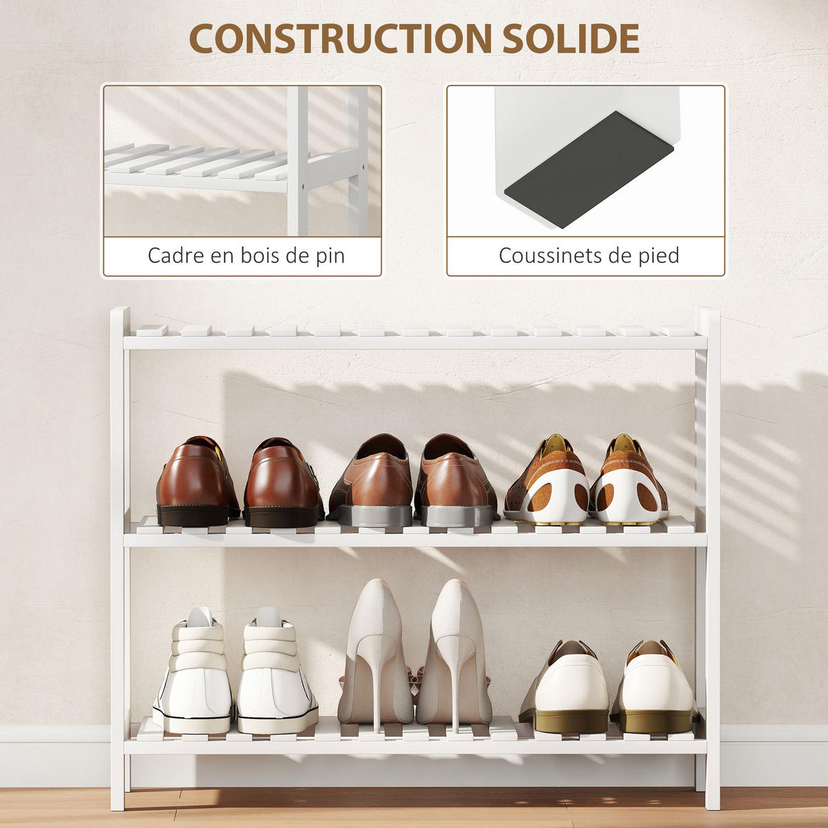 SCHUHREGAL Weiß Kiefernholz MDF offen 3 Ebenen 1 Stück - Weiß, Holz (70/57.5/26cm) - PANGIVO