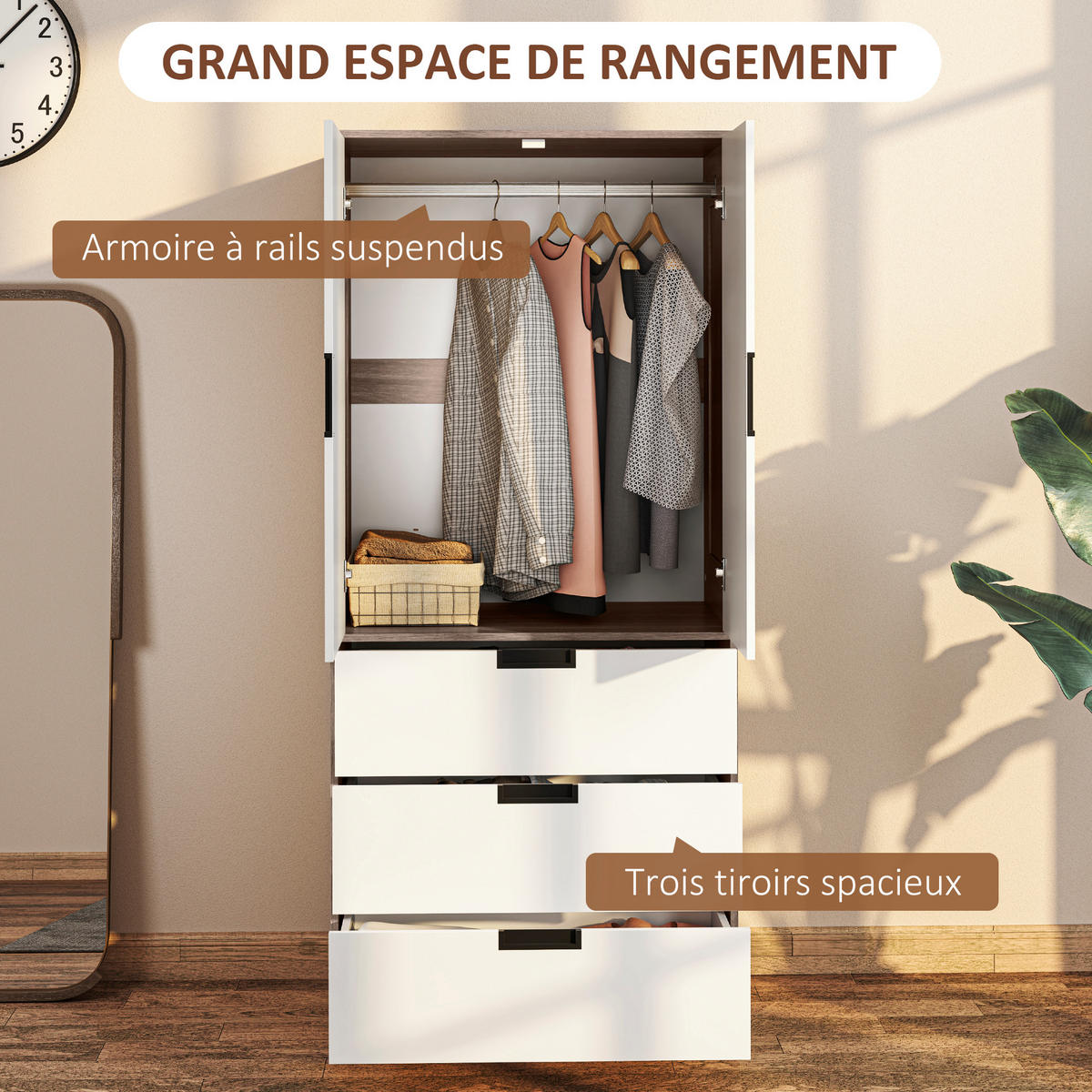 KLEIDERSCHRANK DE-17182 3 Schubladen & Kleiderstange Braun - Braun, Holzwerkstoff (50/180/80cm) - ComfortXL