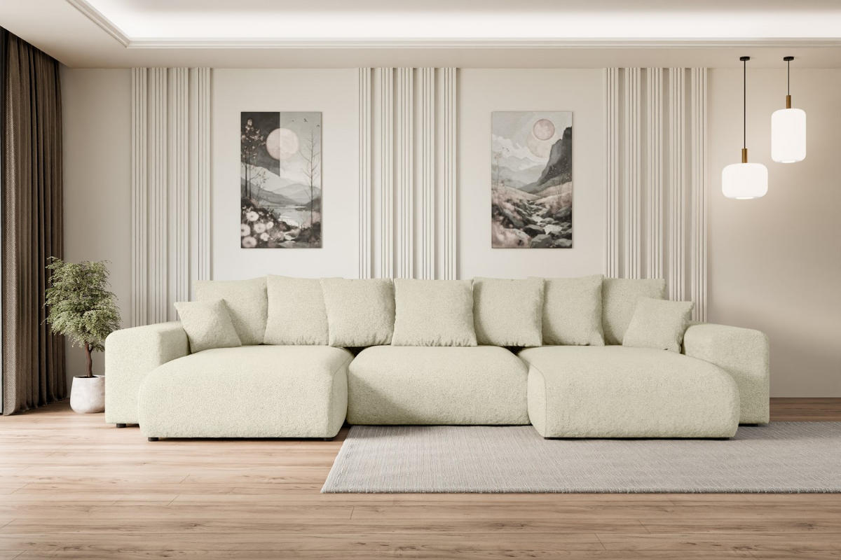 WOHNLANDSCHAFT mit Schlaffunktion und Bettkasten ESKAR-U -352x165x84cm Beige Bouclé - Beige/Schwarz, Holzwerkstoff/Kunststoff (352/84/165cm) - ALTDECOR