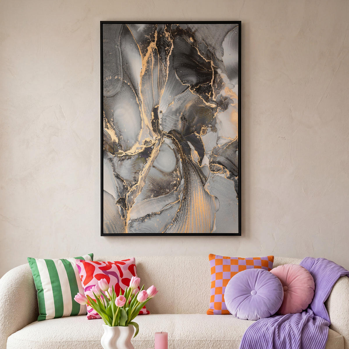 LEINWAND Bilder mit Rahmen - Grau - Luxus - Gold - Marmor - 100x150 - Dunkelgrau, Textil (100/150cm) - MuchoWow