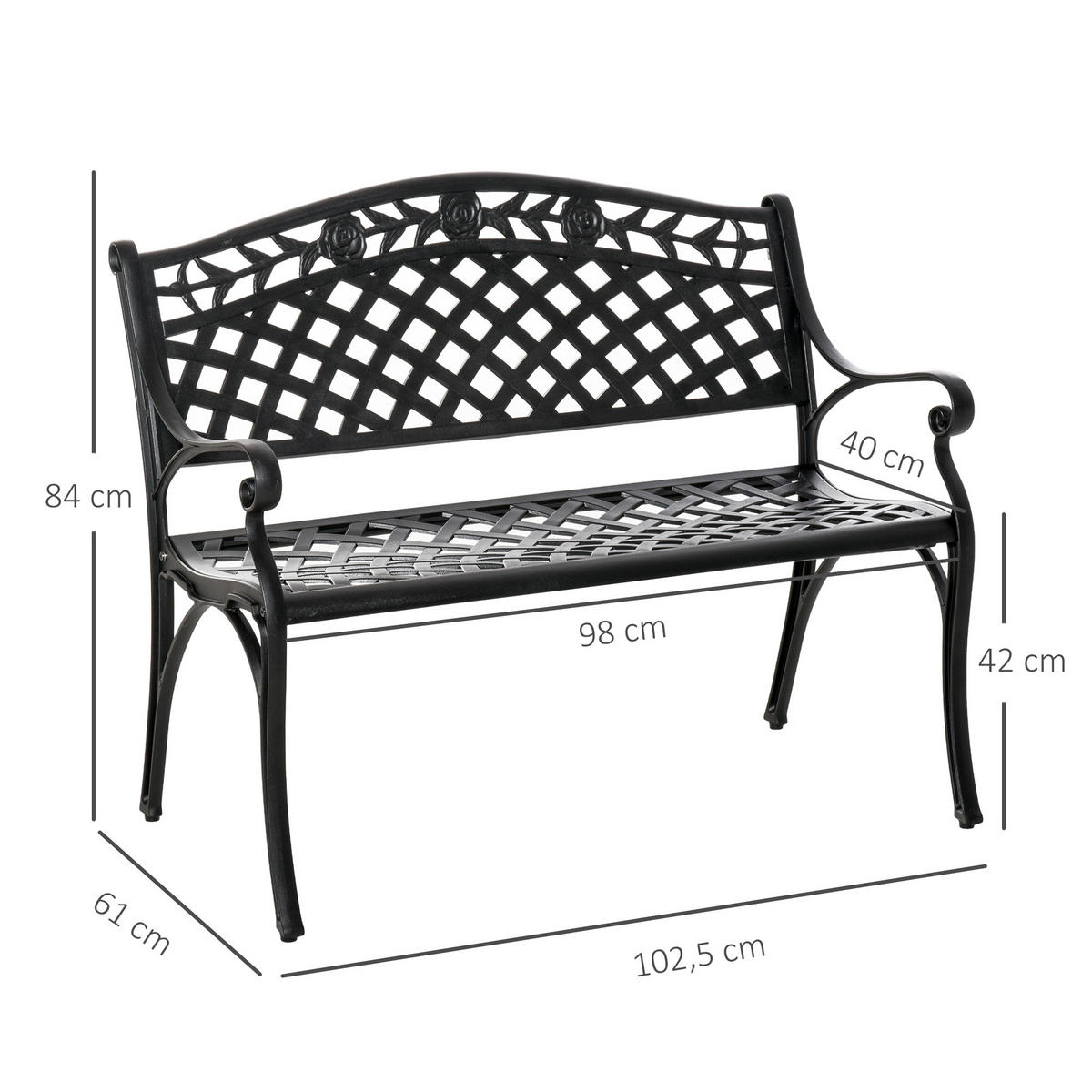 METALLBANK, 102,5 x 61 x 84 cm, Aluminum, Schwarz - Schwarz, Metall (61/84/102.5cm) - Outsunny