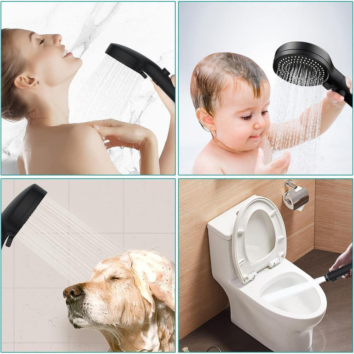 HANDBRAUSE Set Schwarz 3 Strahlarten Wassersparend mit Schlauch - Schwarz, Kunststoff (9/12.7/24.5cm)