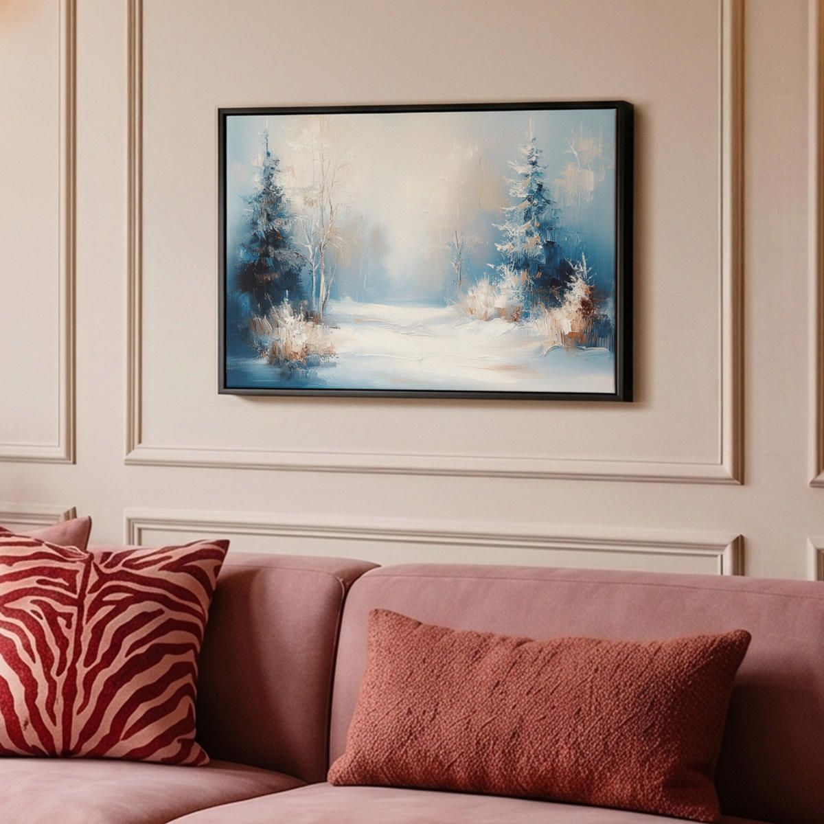 LEINWAND Bilder mit Rahmen - Wald – Winter – Natur – Abstrakt – Schnee - 60x40 - Weiß, Textil (60/40cm) - MuchoWow
