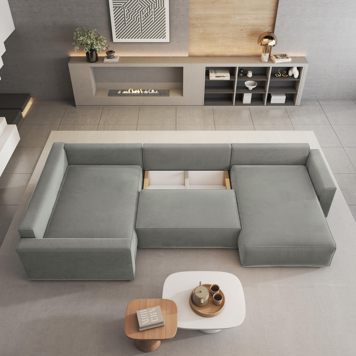WOHNLANDSCHAFT VELAMI L-S Gelb Velours-Stoff mit Schlaffunktion - Gelb, Holz (365/83/194cm) - MASSENO