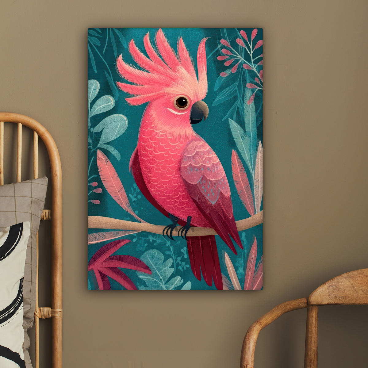 LEINWANDBILD Kakadu - Tropische Blätter - Zweig Wanddeko Schlafzimmer 60x90 cm - Petrol, Textil (60/90cm) - MuchoWow