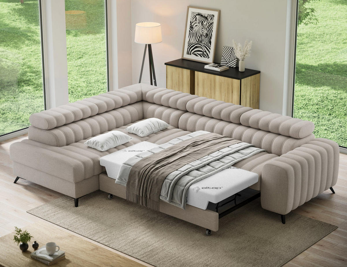 KANEDO Ecksofa mit Schlaffunktion und Bettkasten – Modernes Designsofa, verstellbare Kopfstützen, Metallfüße - Beige, Kunststoff (269/86cm) - Wohnideebilder