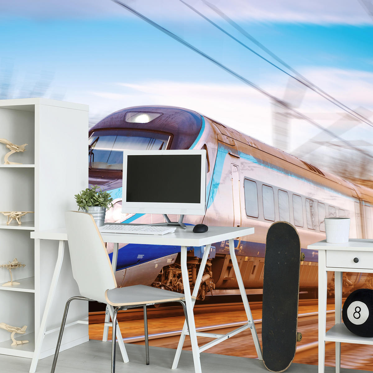 FOTOTAPETE für Wohnzimmer Moderner Zug Eisenbahnschienen 200x140 - Blau/Schwarz, Papier (200/140cm) - Muralo