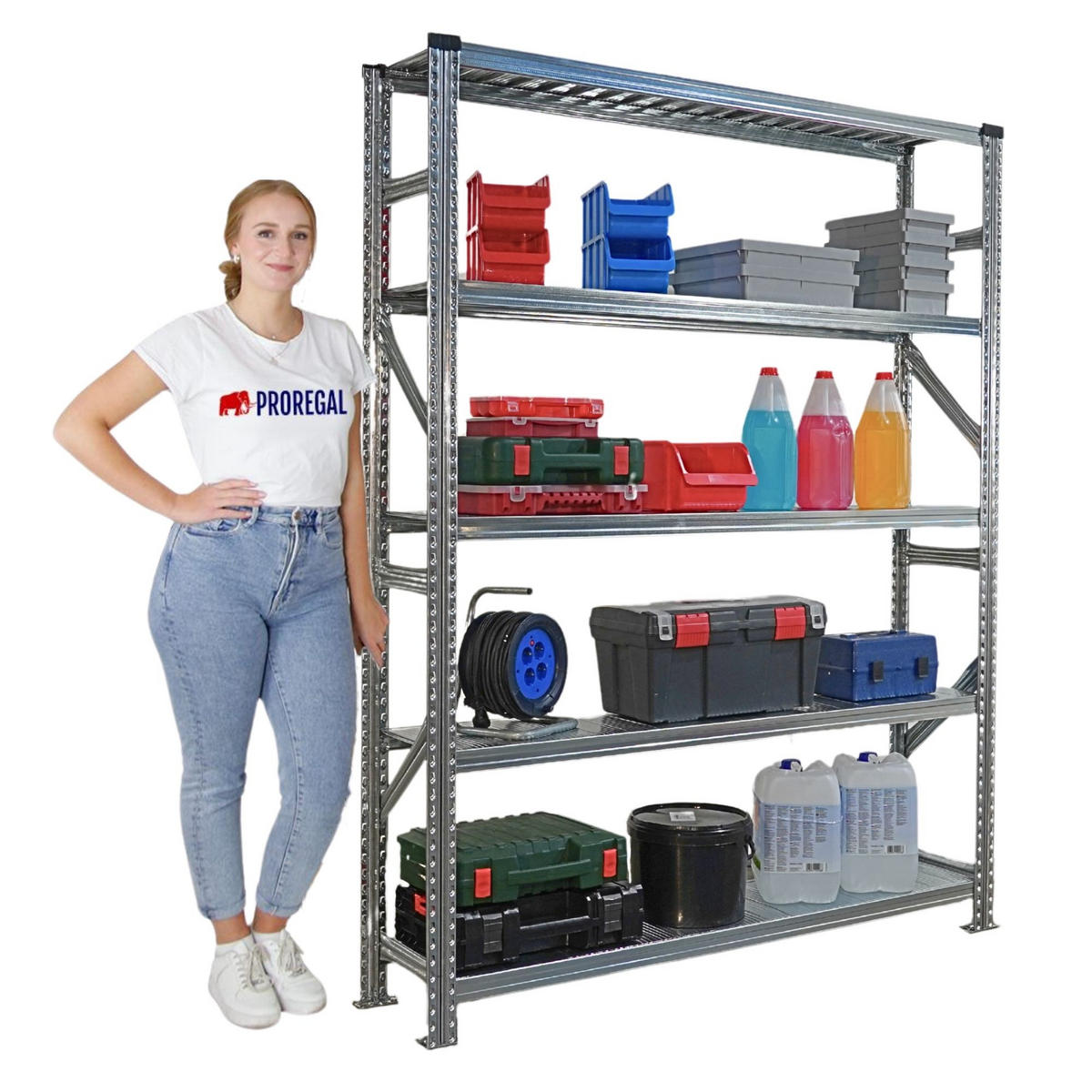 FACHBODENREGAL Proximo Stecksystem 200x750x32cm 5 Ebenen Fachlast 130 kg Beidseitig nutzbar Verzinkt - Silberfarben, Metall (750/200/32cm) - PROREGAL