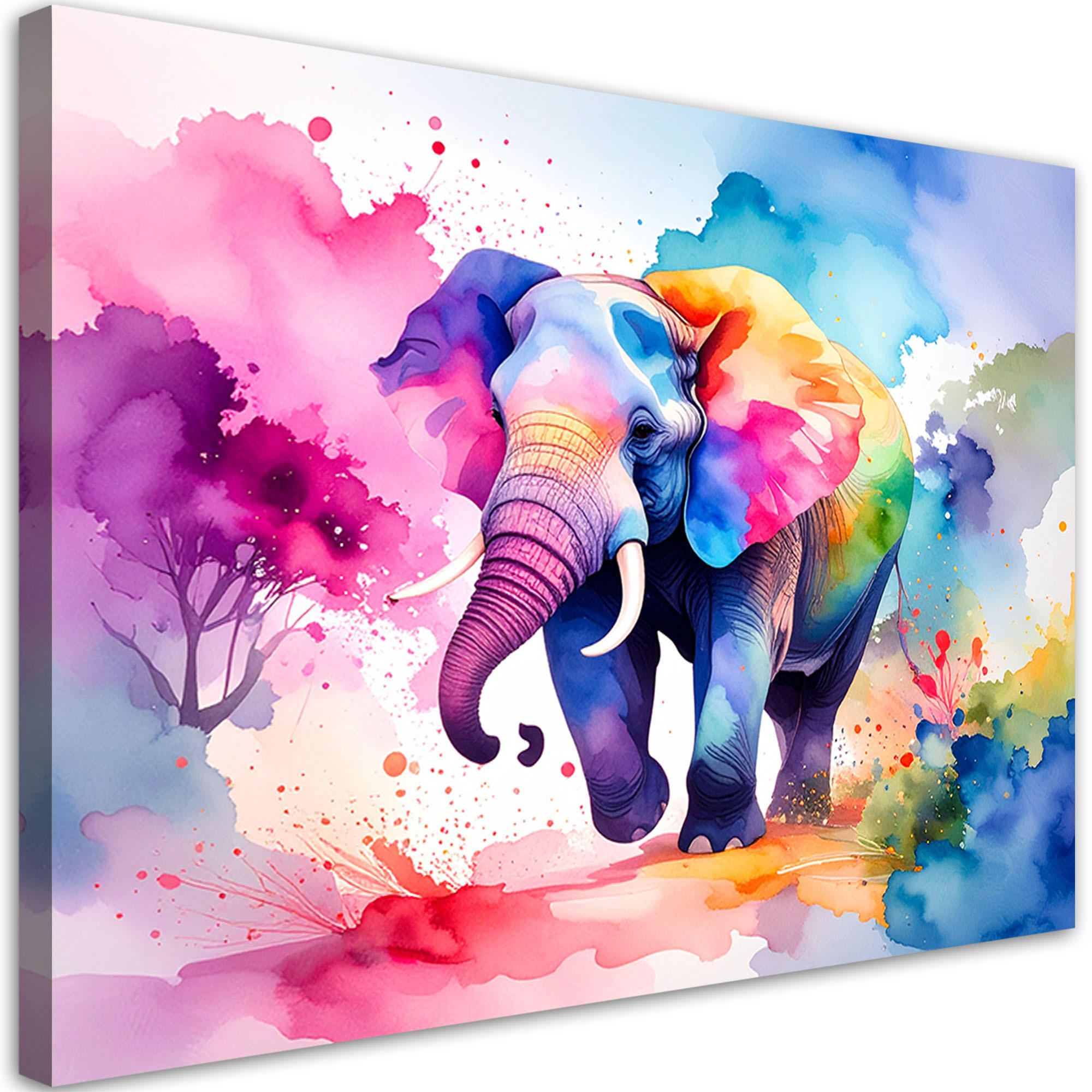 LEINWANDBILD Bunter Elefant Safari Aquarell 90x60cm - Multicolor, Textil (90/60cm) - Feeby