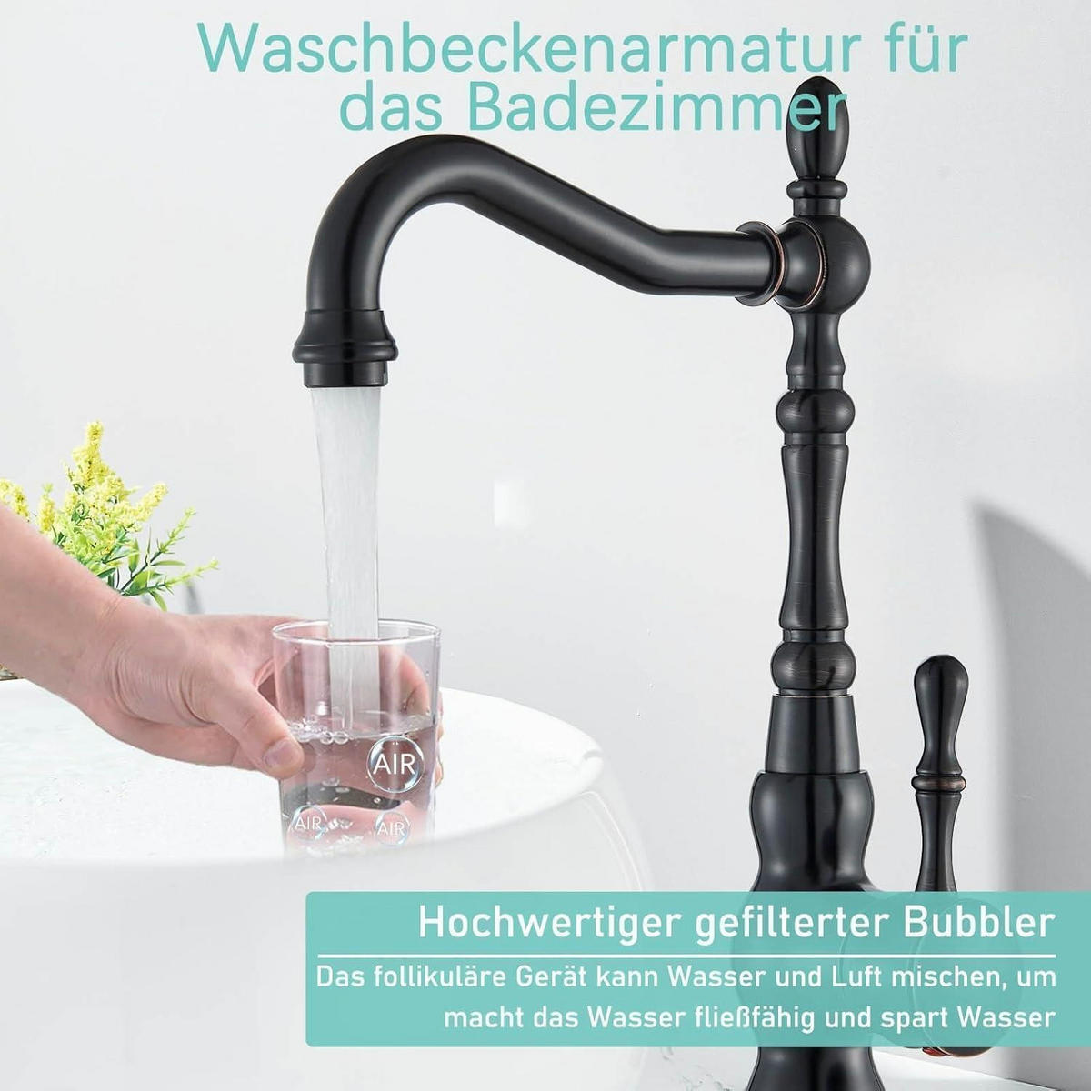 WASCHTISCHARMATUR Einhebelmischer Schwarz Antik 360° schwenkbar - Schwarz, Metall (4/31/17cm)