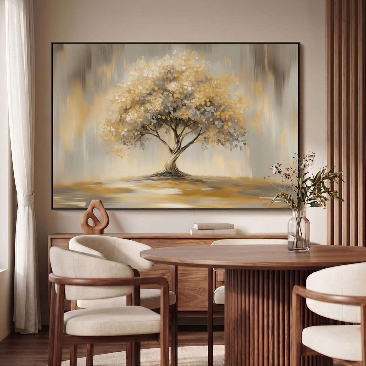 LEINWAND Bilder mit Rahmen - Gemälde - Baum - Abstrakt - Blätter - 140x90 - Beige, Textil (140/90cm) - MuchoWow