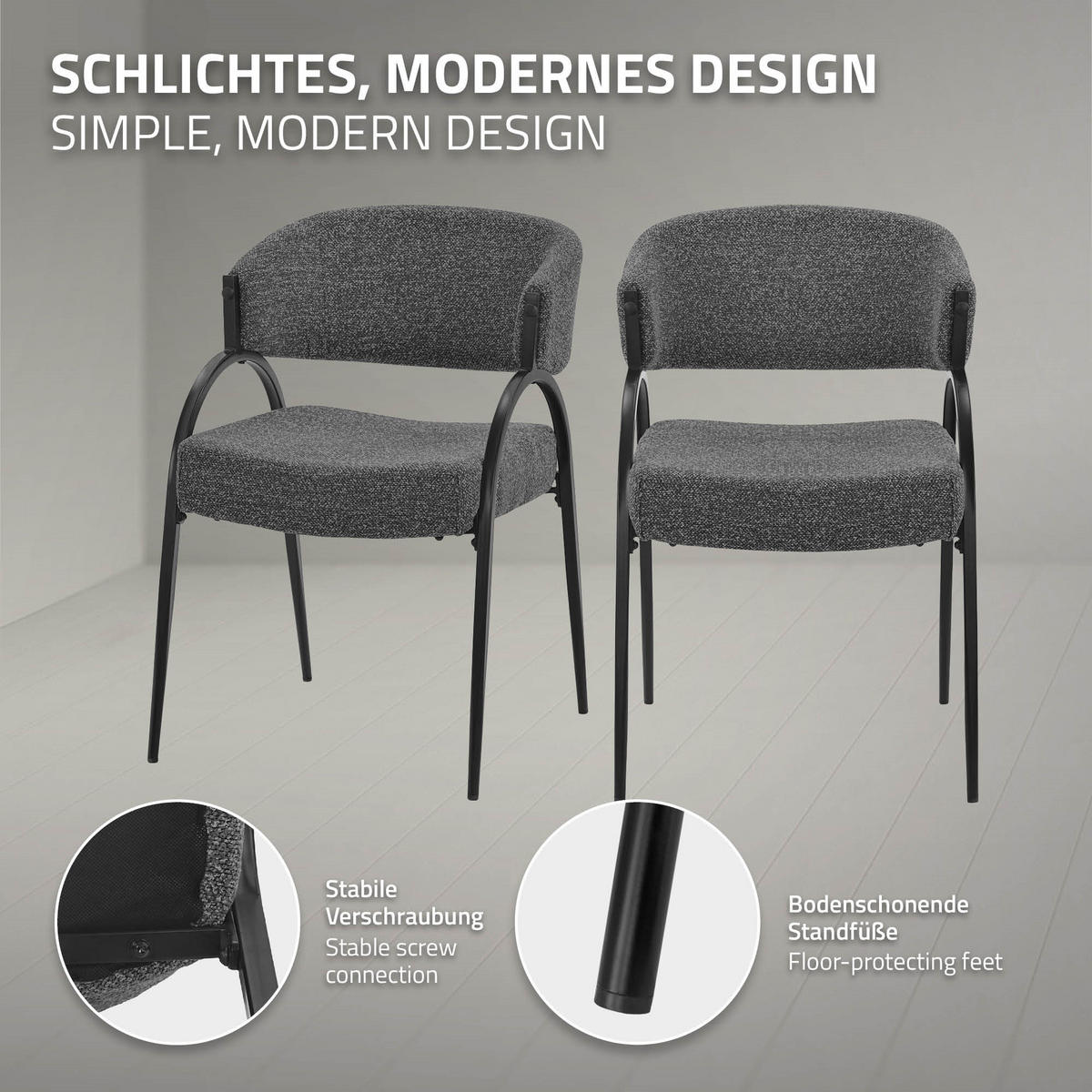 ESSZIMMERSTUHL 2er Set Küchenstühle gepolstert mit Webstoff-Bezug und Arm- und Rückenlehne Anthrazit - Anthrazit/Schwarz, Textil/Metall (54/81/65cm) - ML-DESIGN