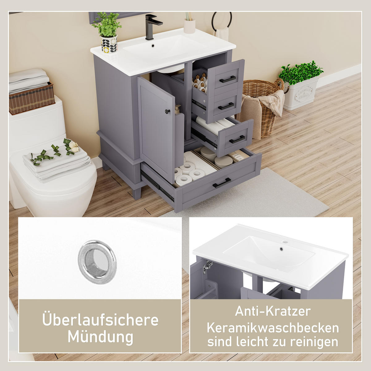 WASCHTISCHKOMBI Grau freistehend mit Keramikbecken & 3 Schubladen - Grau, Keramik/Holzwerkstoff (76/83.5/46cm) - Urban Meuble