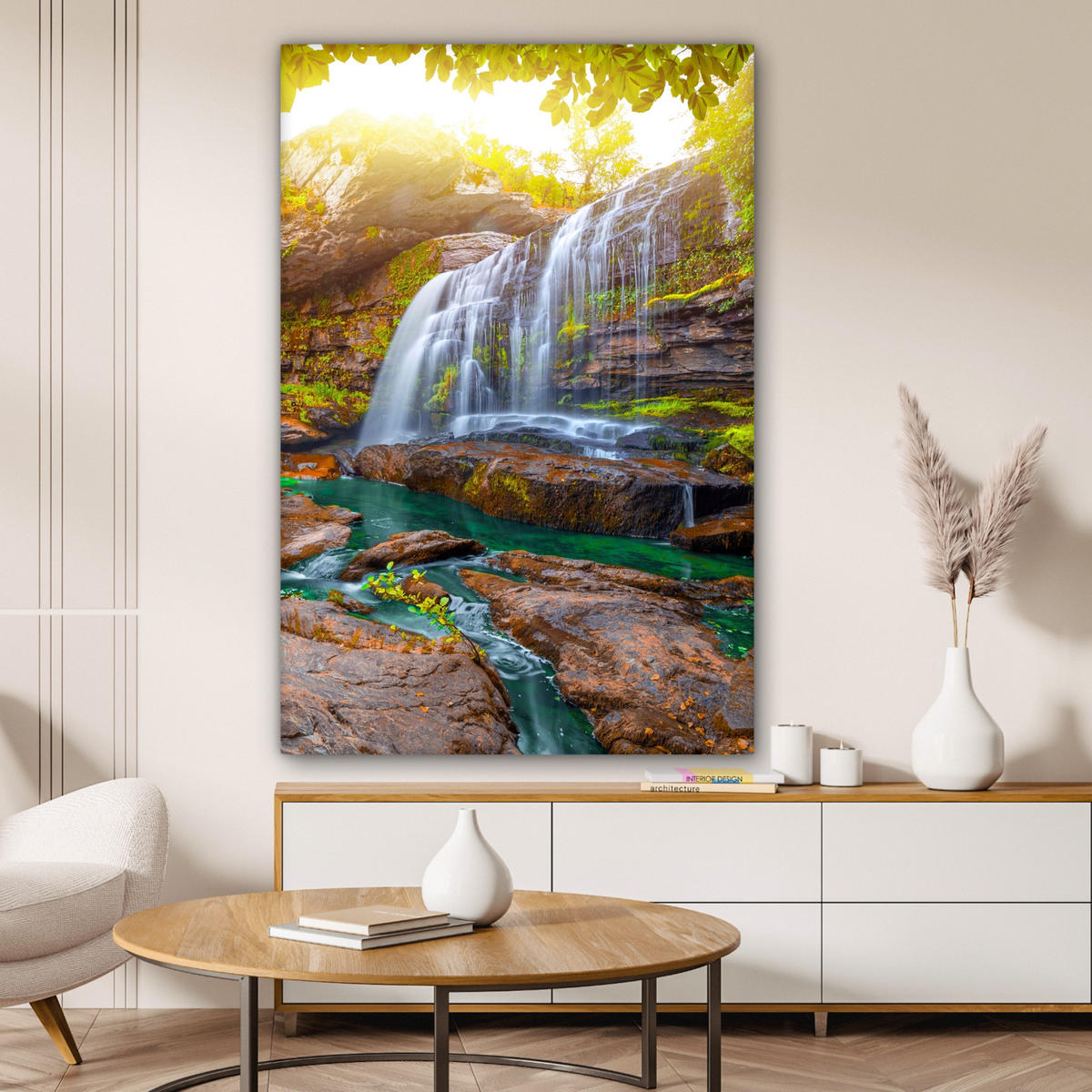LEINWANDBILD Natur - Wasserfall - Pflanzen - Bäume - Sonne Deko Groß 90x140 cm - Olivgrün, Textil (90/140cm) - MuchoWow