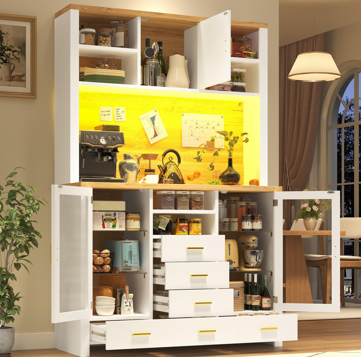 BUFFETSCHRANK 120/40/180 cm mit LED-Lichtleiste, viel Stauraum und MDF-Korpus, Weiß/Holzoptik - Weiß, Holzwerkstoff (120/188/40cm) - Redom