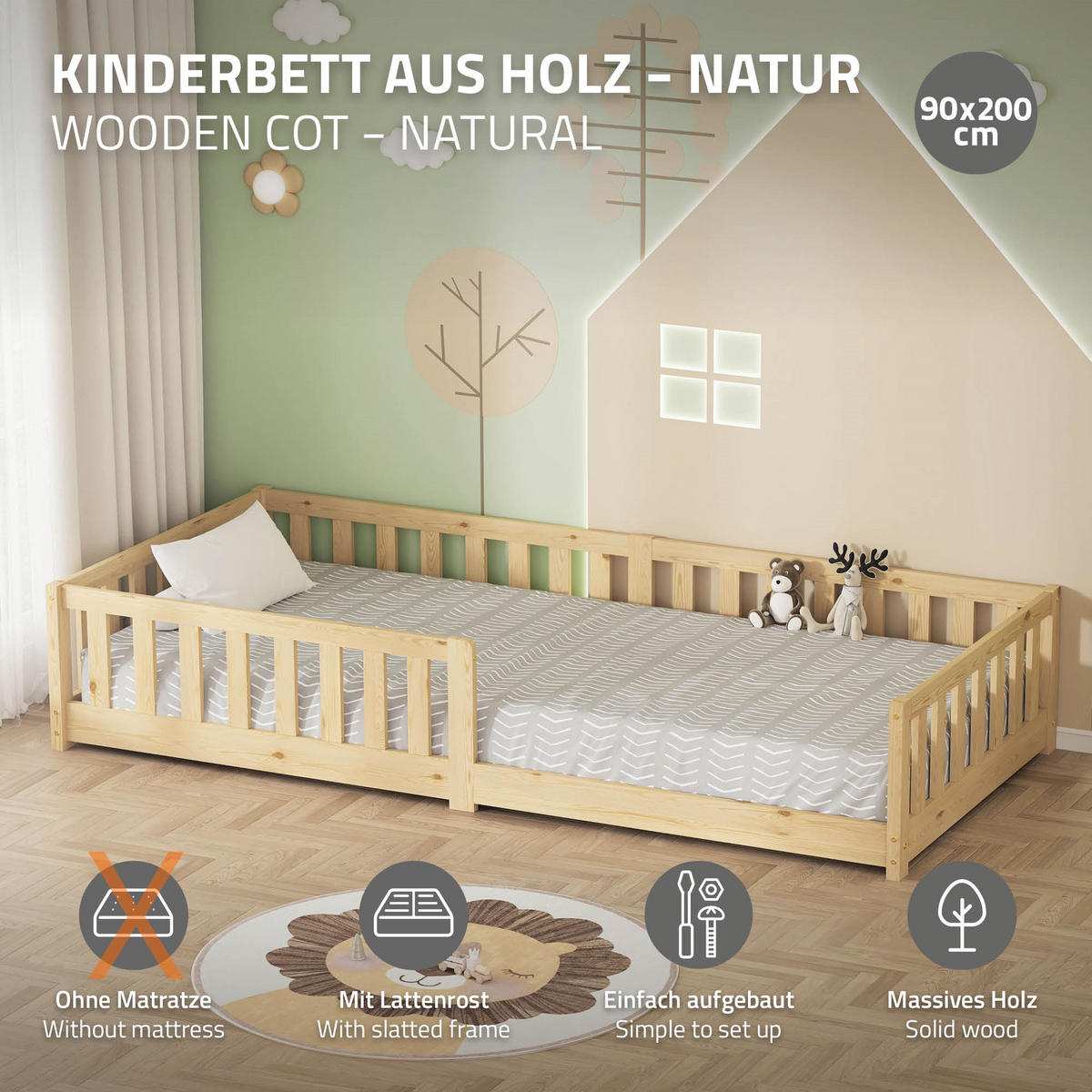 KINDERBETT 90x200 cm Natur aus Kiefernholz - Naturfarben, Holz (90/200cm) - ML-DESIGN
