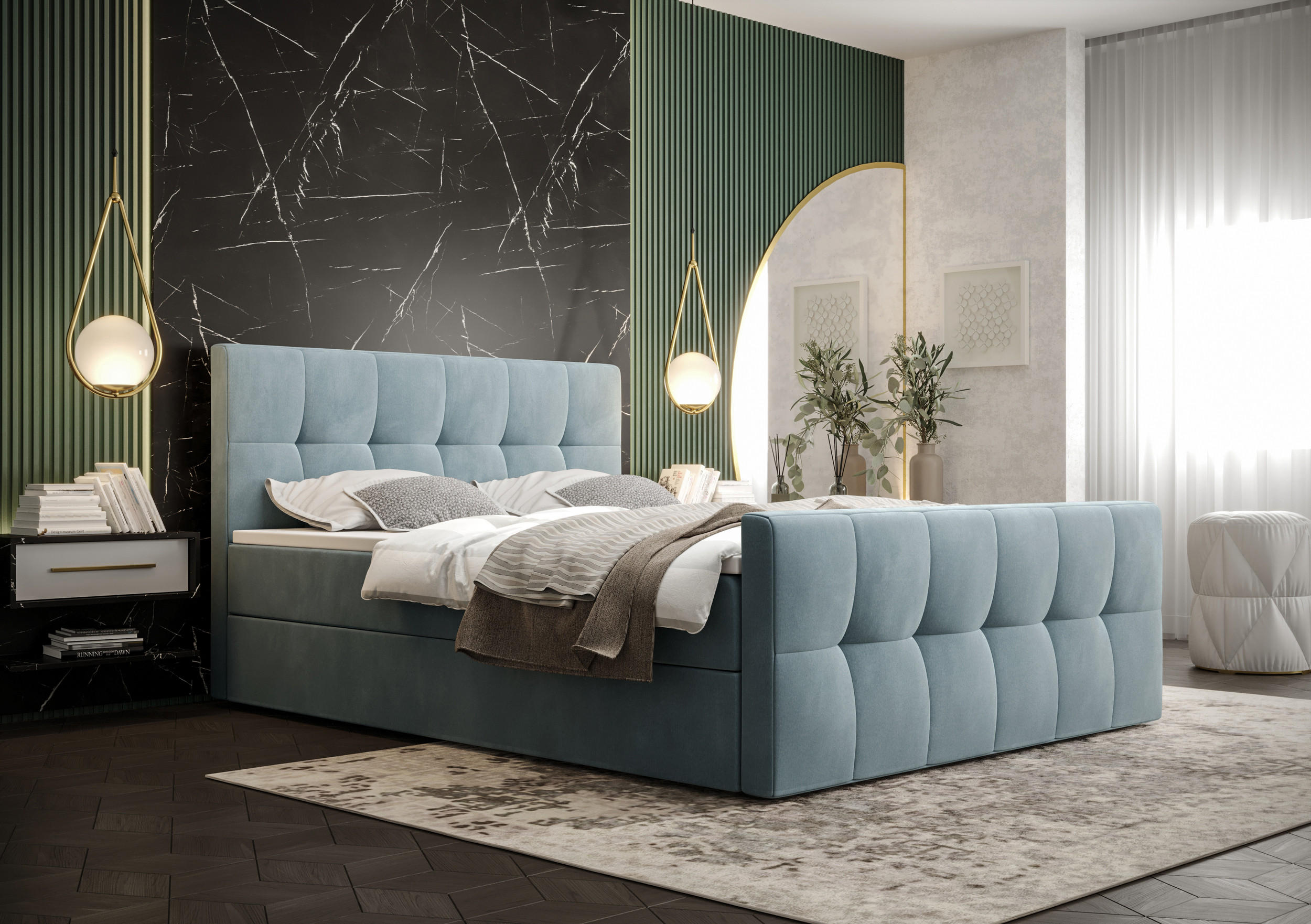 BOXBETT MANHATTAN mit Matratze H3, Bonell und Topper 140x200 Monolith 72 - Blau, Holz/Textil (140/200cm) - Bedante