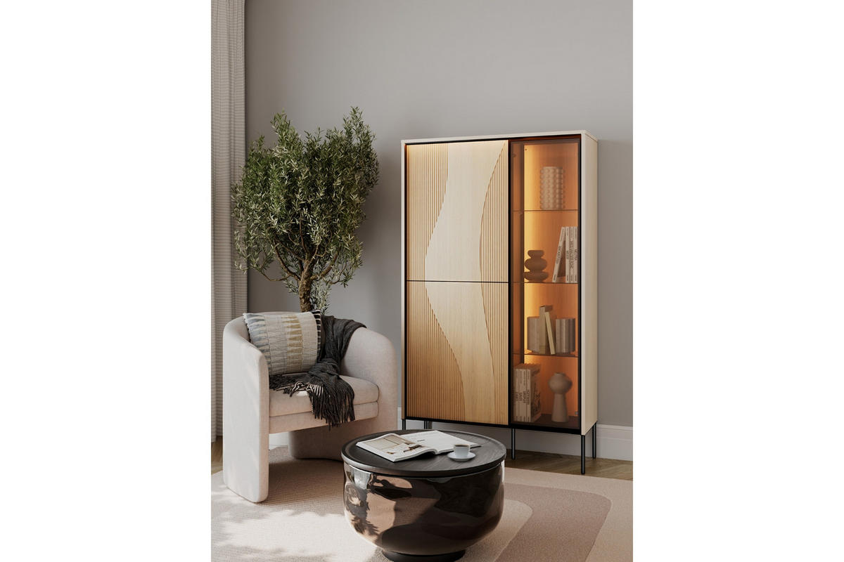 VITRINE FAVOS 01 92/157/34 cm in Eiche Vincenza hell und Schwarz mit LED - Eichefarben/Schwarz, Holzwerkstoff (92/157/34cm) - Deine Möbel 24