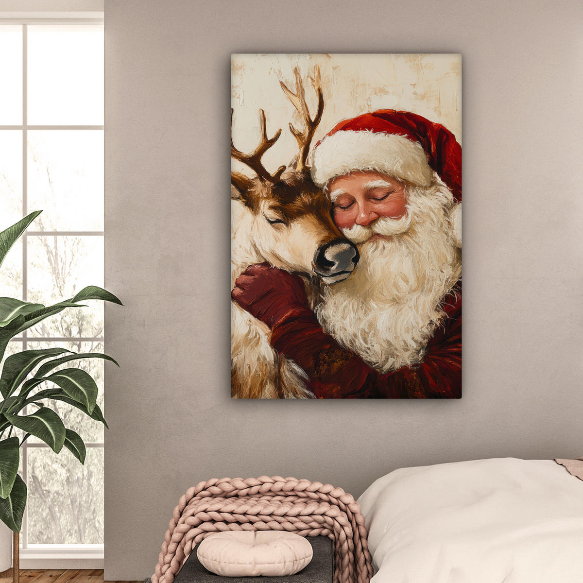 LEINWANDBILD Weihnachtsmann - Rentier - Weihnachten 80x120 cm - Rotbraun, Textil (80/120cm) - MuchoWow