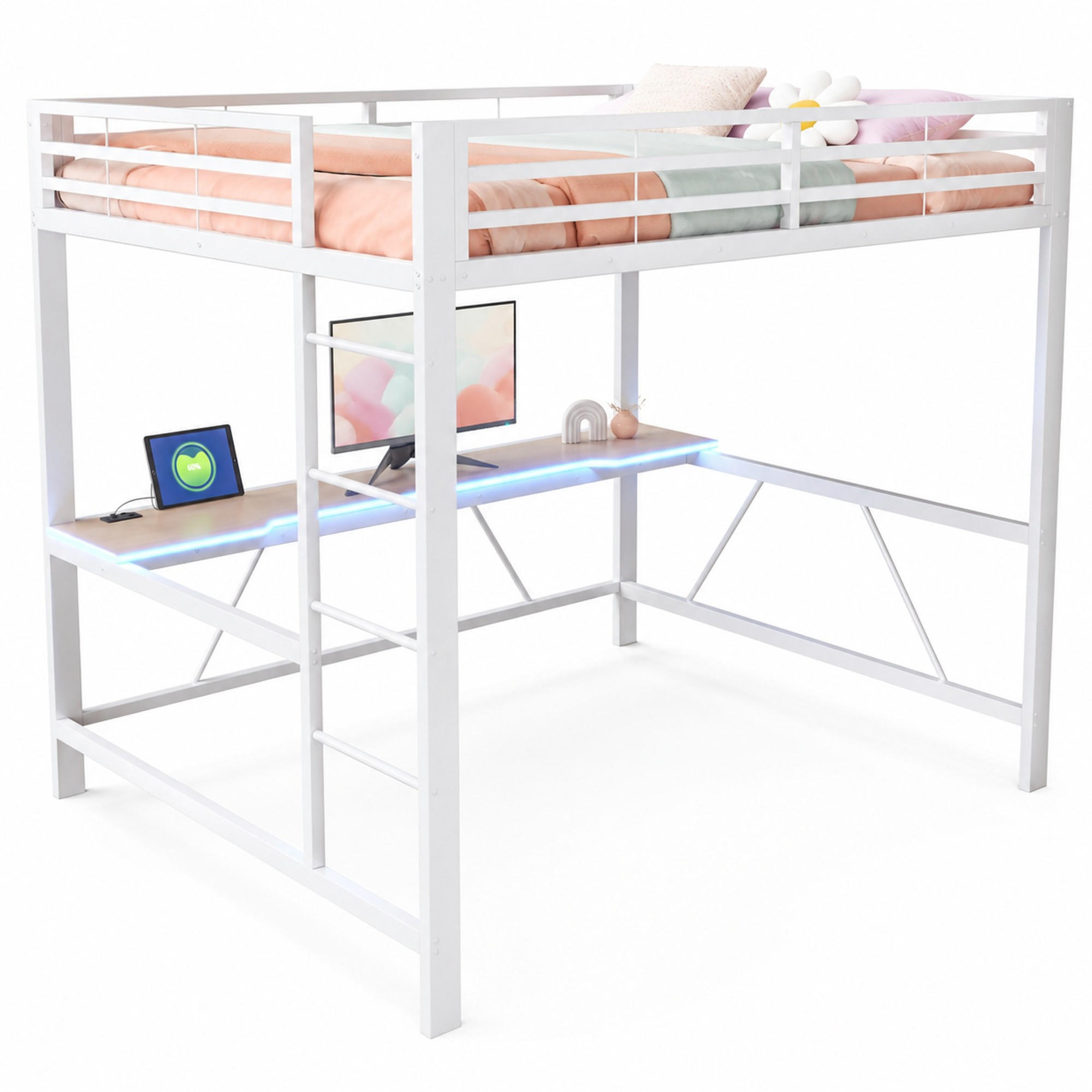 HOCHBETT 160/200 mit LED, USB und Schreibtisch in Weiß - Weiß, Holzwerkstoff/Metall (160/200cm) - EVRYAE