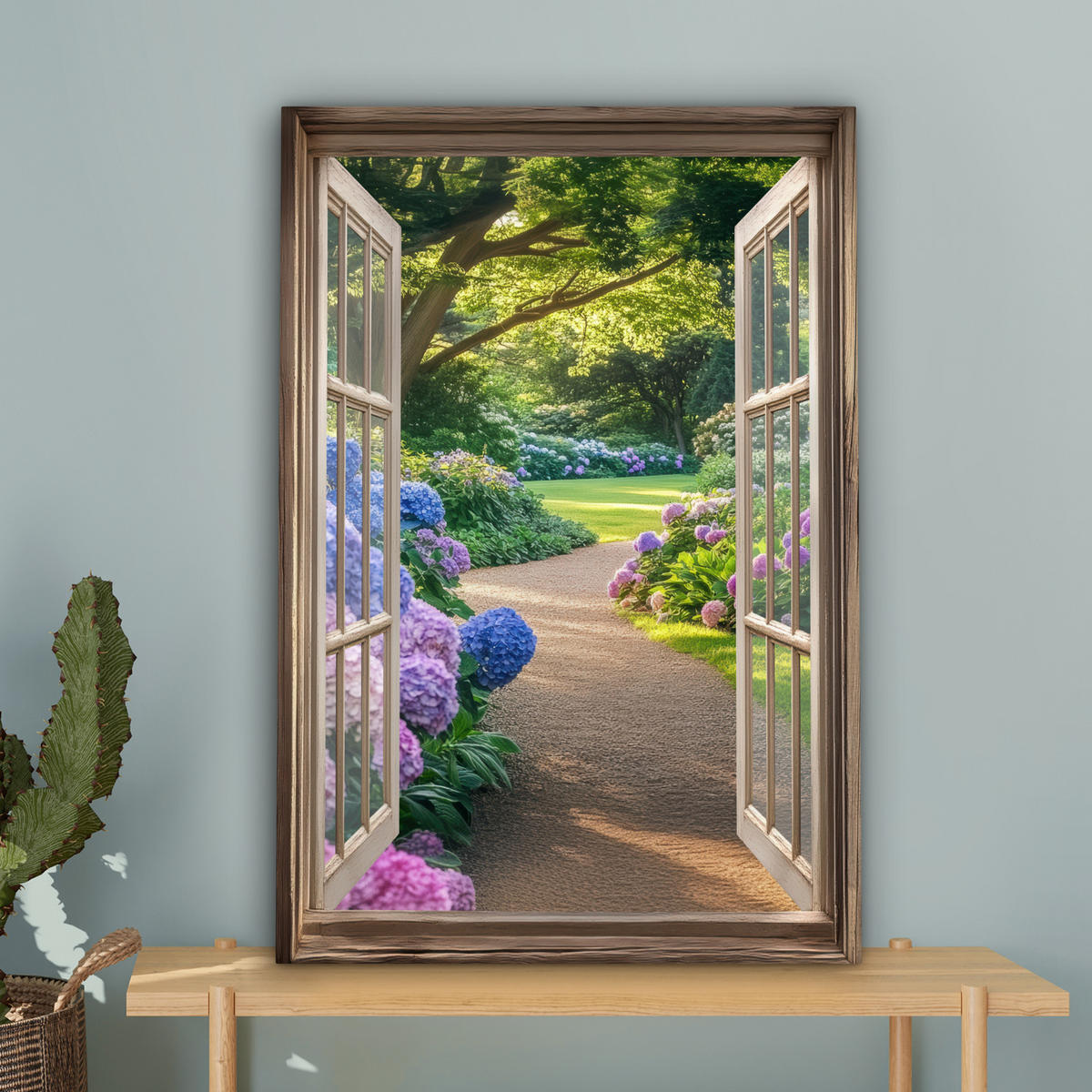 LEINWANDBILD Aussicht - Garten - Fenster - Hortensie - Blumen 60x90 cm - Pastellblau, Textil (60/90cm) - MuchoWow