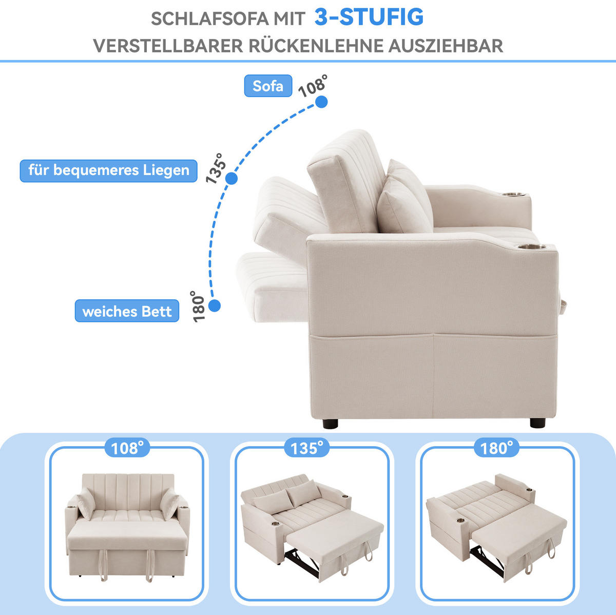 SCHLAFSOFA Baumwollstoff mit 3-fach verstellbarer Rückenlehne Beige 136/162/84 cm - Beige, Textil (84/136/162cm) - Redom