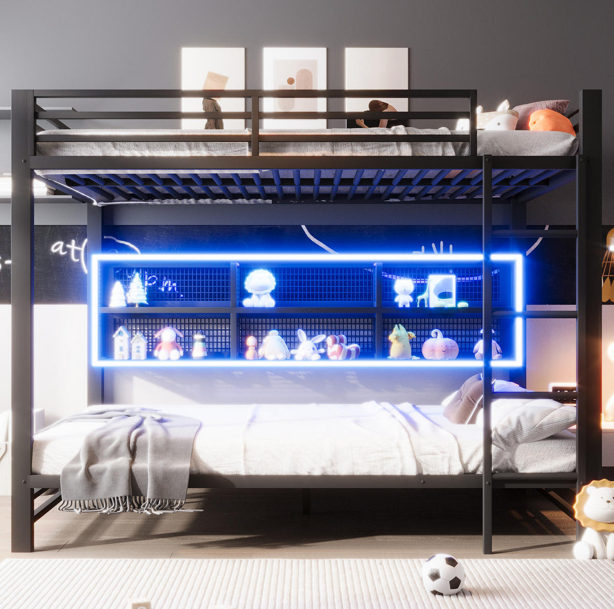 ETAGENBETT 140/200 cm aus Metall mit Stauraumschränken und LED-Beleuchtung - Schwarz, Metall (140/200cm) - Flora Grace