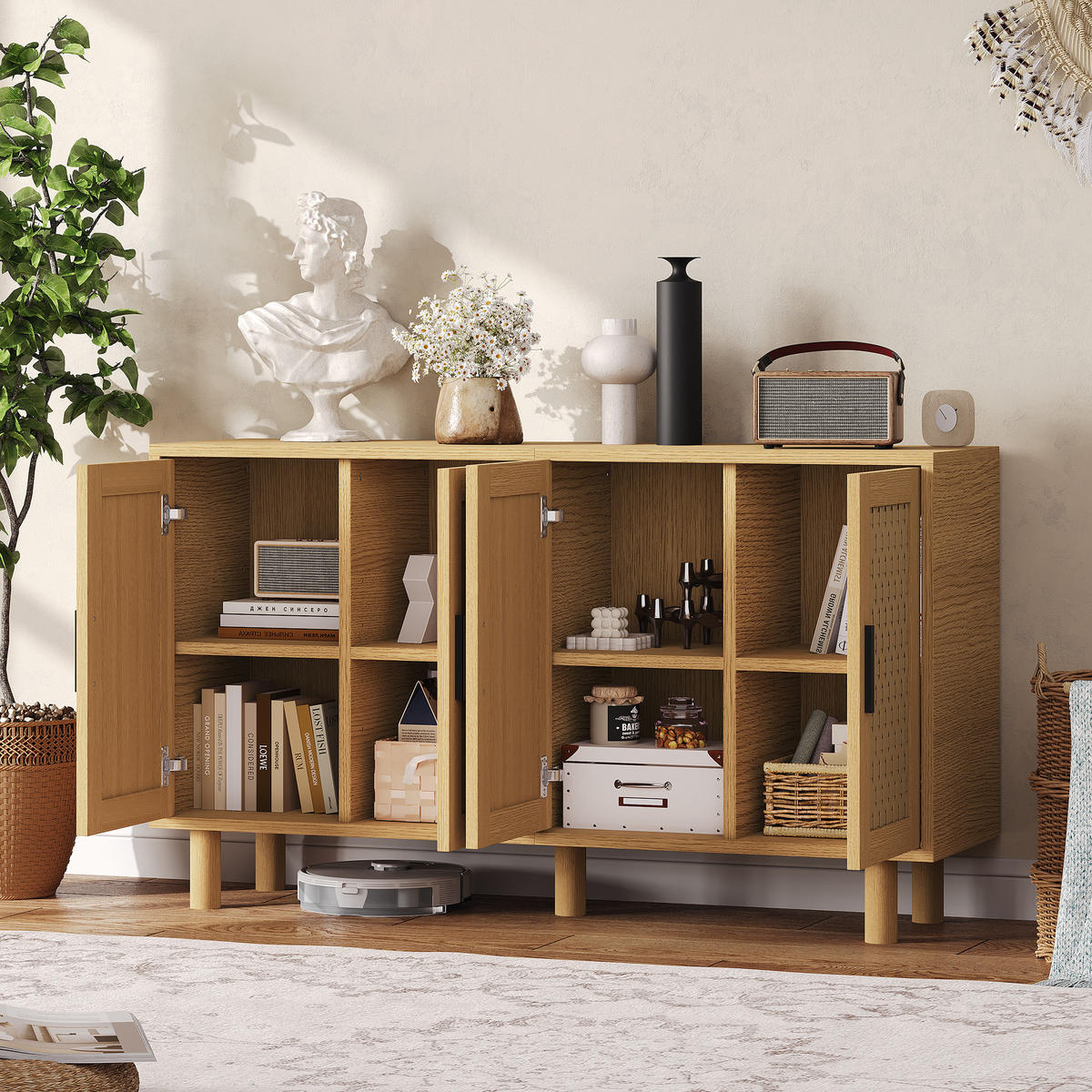 SIDEBOARD Rattanschrank mit 4 Türen, Wohnzimmerschrank Stauraum, 80/140/80 cm - Naturfarben, Holz/Metall (40/80/140cm) - PARAFTA HOME
