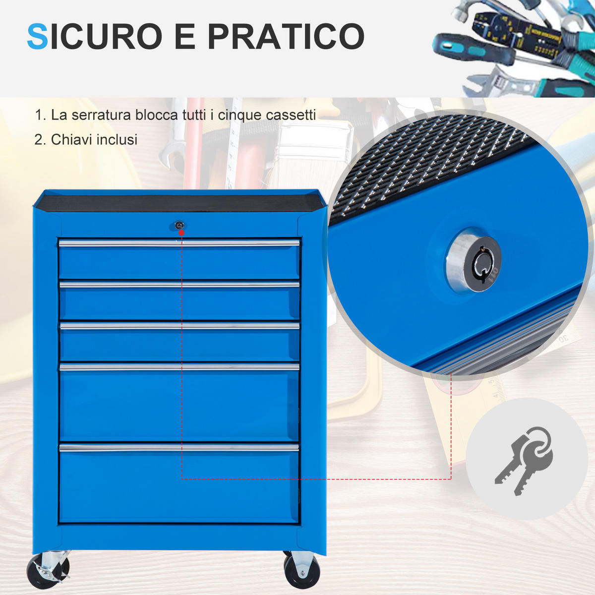 WERKZEUGWAGEN, Wagen mit Schublade, 61,5 x 33 x 82,5 cm, Blau - Multicolor, Kunststoff (33/82.5/61.5cm) - FORIOUS