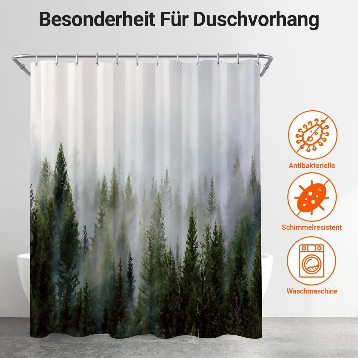 DUSCHVORHANG Nebel Wald 180 x 200 cm Textil Wasserabweisend - Grün, Textil (180/200cm)