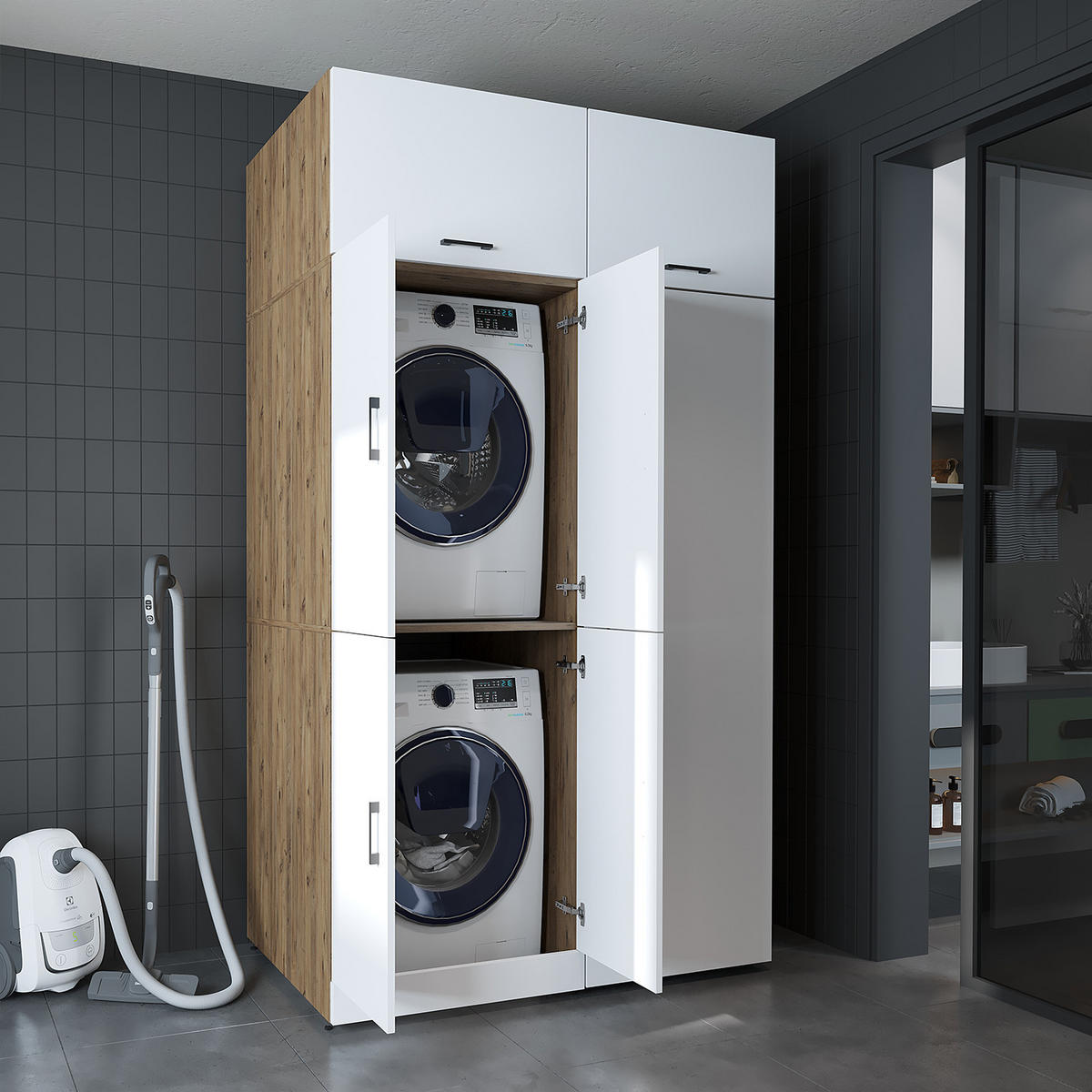 WASCHMASCHINENSCHRANK DORA-II 130cm Breit, 230cm Hoch - Eiche Bianco, Holzwerkstoff (130/230/73.8cm)