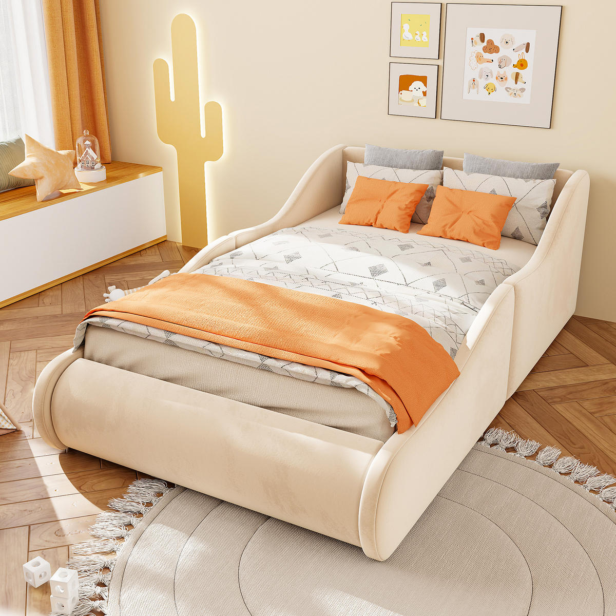 POLSTERBETT 90/200 cm Beige mit hohem Kopfteil und Seitenschutzgittern - Beige, Textil/Metall (90/200cm) - Oxeza