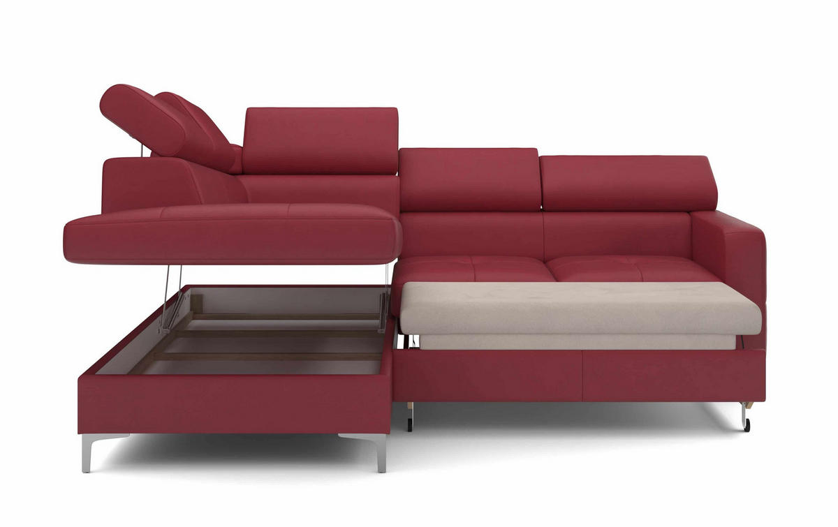 ECKSCHLAFSOFA aus Echtleder mit Schlaffunktion und Bettkasten - Chromfarben/Rot, Leder/Holz (242/207cm) - Cotta