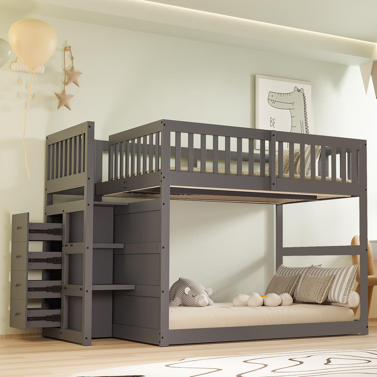 ETAGENBETT 140/200 cm in Grau mit Sicherheitstreppe und Stauraum - Grau, Holz (140/200cm) - OKMYHOME
