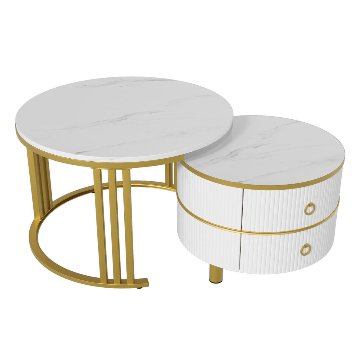 COUCHTISCH-SET, MDF mit Marmormuster und Hochglanzplatte, 2 runde Tische mit Schubladen, 70/70/46 + 50/50/40 cm, Gold und Weiß - Weiß, Holzwerkstoff (70/70/46cm) - Redom