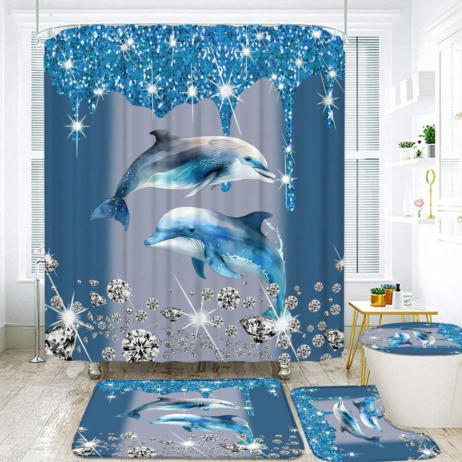 DUSCHVORHANG SET mit Matte Toilettendeckel und Badematte Haken maschinenwaschbar 180 x 180 cm - Blau, Textil (180/180cm) - MCBOSON