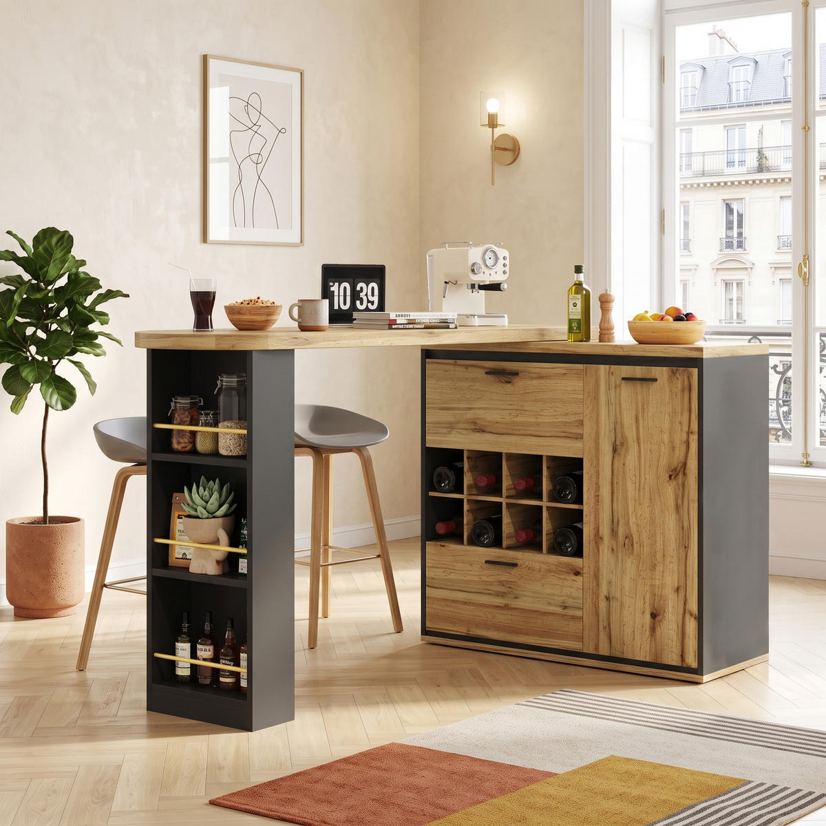 BARTISCH Ausziehbar 138-220cm Holzoptik mit Stauraum & Weinregal - Naturfarben, Holzwerkstoff (39/138/105cm) - Urban Meuble