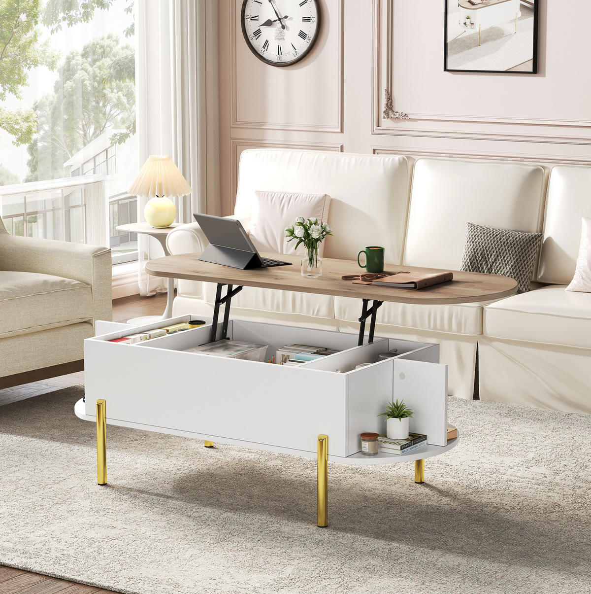 COUCHTISCH aus MDF 120x50x43 cm in Weiß mit höhenverstellbarer Platte - Weiß, Holzwerkstoff (120/50/43cm) - Modfu