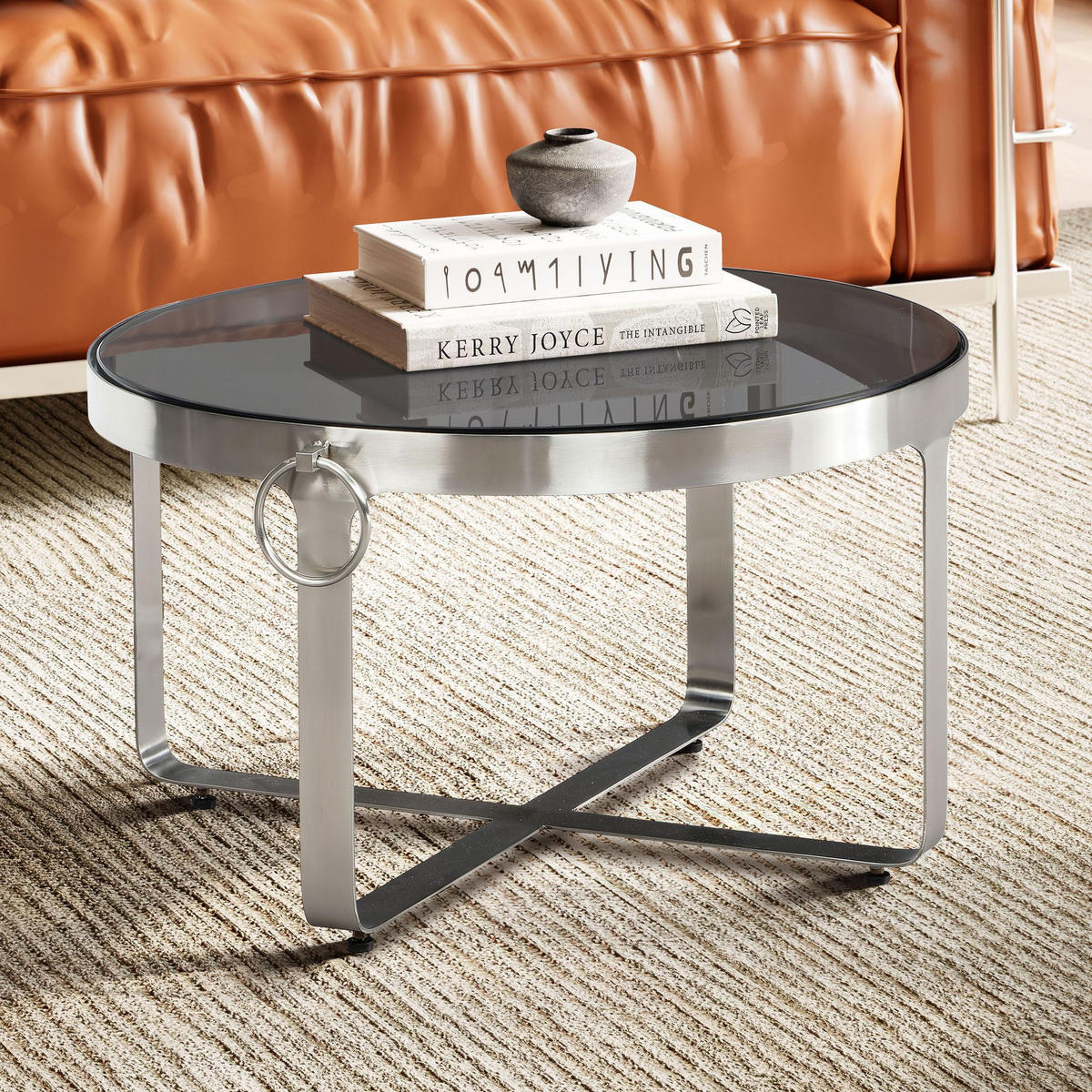 COUCHTISCH Glas Metall Rund 60x60x34 cm mit Griffen Silber Modern - Silberfarben, Glas/Metall (60/60/34cm) - KADIMA DESIGN