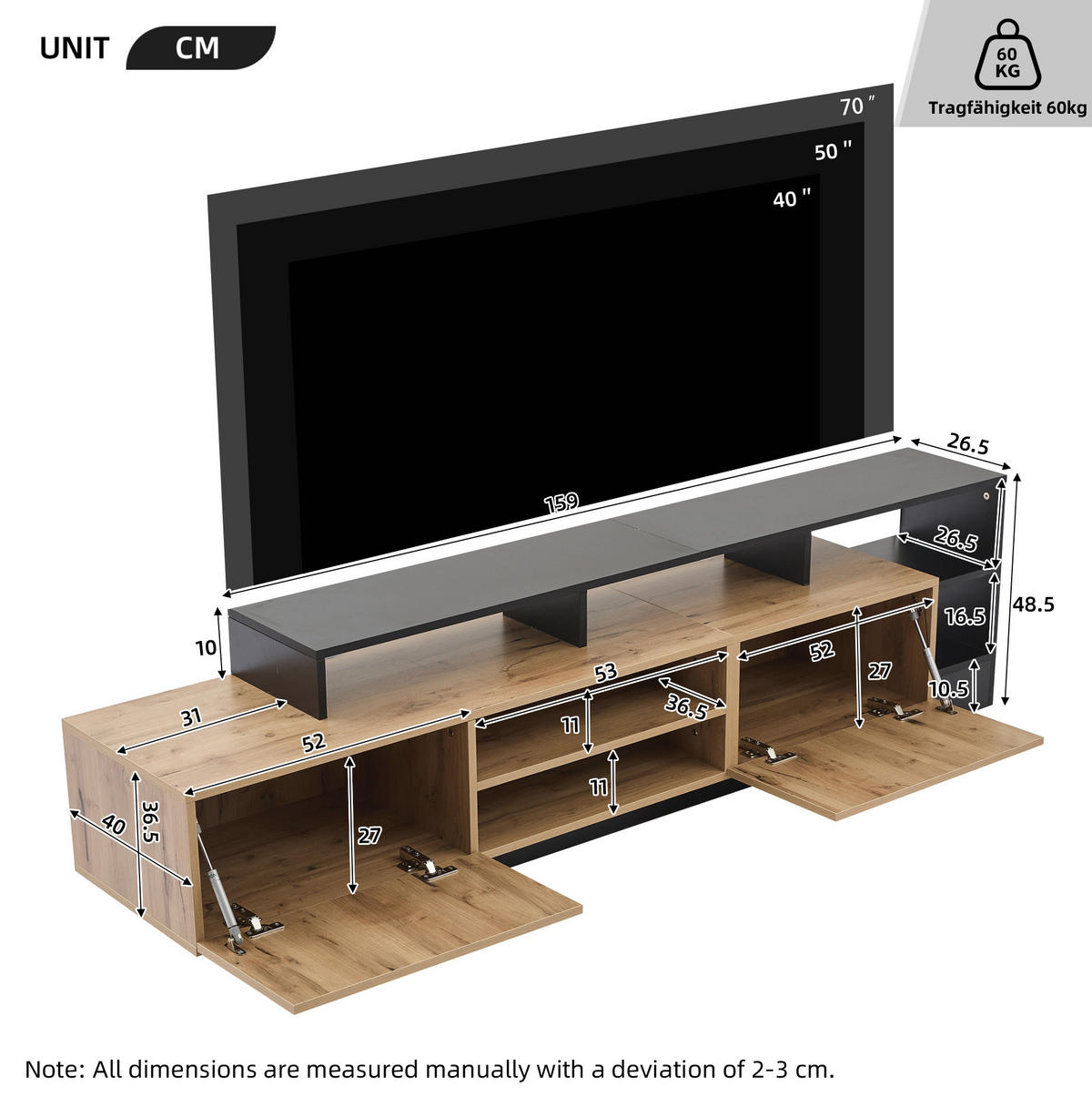 TV ormarić 190/40/48,5 cm crni i hrast od iverice s LED rasvjetom i otvorenim pretincima - crna, drvni materijal (190/48.5/40cm) - OKWISH