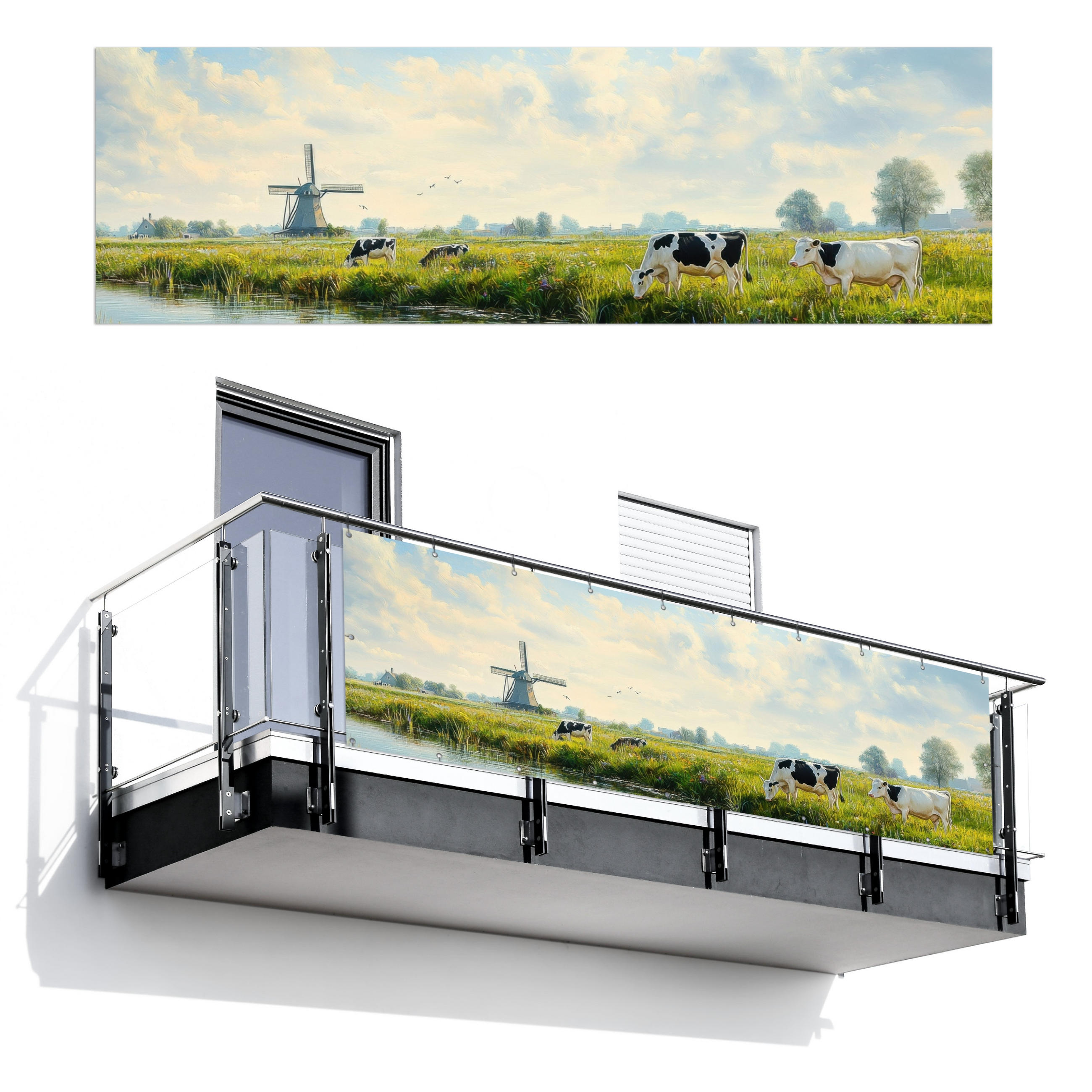 BALKON-SICHTSCHUTZ Kühe - Windmühle - Wiese - Blau - Grün, Kunststoff (300/95cm) - MuchoWow
